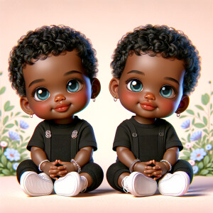 Imagine a pair of adorable, 3D animated african-American, infant twins with radiant blue eyes and curly black hair, posed with their chubby cheeks resting in their hands. They're dressed in simple yet stylish black onesies. Delicate jewelry adorns their wrists. They're seated comfortably with white sneakers on their feet. The background is a soft pastel floral pattern, creating an atmosphere of innocence and charm, without any text present in the image.