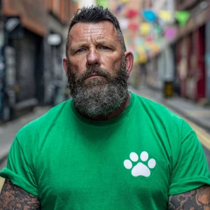 The image shows a middle-aged man with a full beard and short, d...