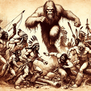 American indians fighting against humanoid looking hair covered...