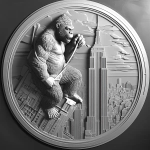 Design a high-contrast grayscale 3d bas relief of king kong clim...