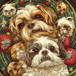 Shih tzus face surrounded by a swirl of honey bees, strawberry s...