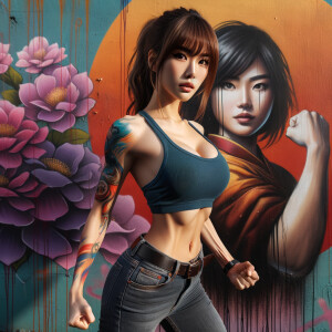 Very thin Athletic Thin skinny Attractive, Asian teenage girl, long brown hair and bangs, wearing tight skinny jeans and a halter top paint marks on her clothing, heroic sideways pose Asian graffiti background