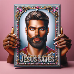 A 3D realistic artwork featuring the phrase 'Jesus Saves' adorne...
