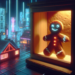 A gingerbread man with eyes and mouth lies on the windowsill of...