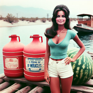 Create a faded color film photograph from 1972 of a gorgeous, 23...