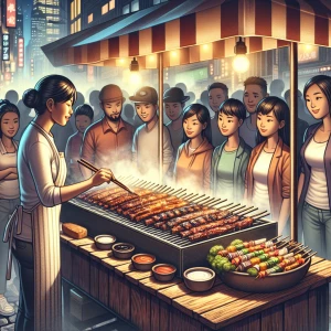 "Depict a bustling street vendor setup, complete with a smoky BB...