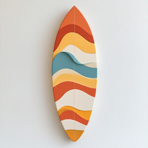 Create an image of an upright surfboard featuring a simplistic w...