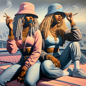 Grisaille Art  of 2 beautiful African American women Curvy gold...