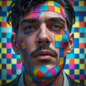 A man's face dissolving into a colorful checkerboard texture, 3D...