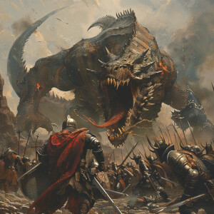 Illustrate a dark fantasy scene featuring a colossal creature fe...