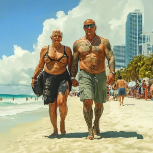 A muscular tattoed criminal walking with his 50 years old attrac...