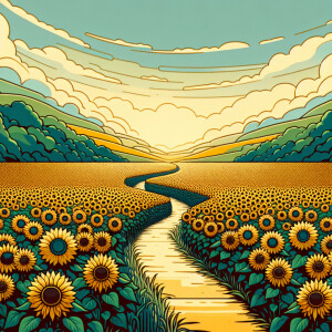 2D scene showcasing a sunflower field. The foreground should pro...
