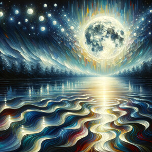Create an oil painting, abstract, art, of a moonlight night over...