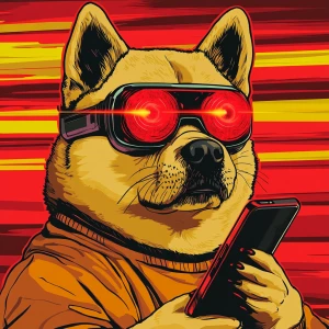 DOGE MEME with red lasers from eyes eyes, blank stare, holding a...