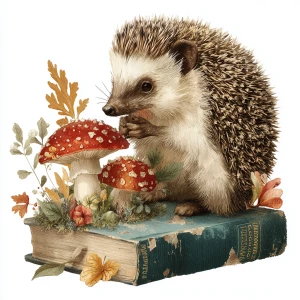 Rich autumn colors hedgehog with mushroom, vintage book style, i...
