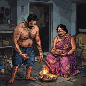 A muscular sweaty indian criminal employer man celebrating diwal...