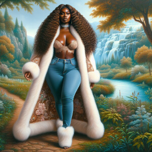 Craft a 4K glossy oil painting portraying a regal, plus-size Afr...