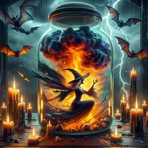 create a witch inside of a large jar outside of the jar is candl...