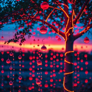 Generate an image featuring a tree illuminated by neon lights st...