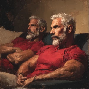 Two muscular bodybuilders with gray hair and beards are depicted...