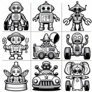 Create six separate black-and-white illustrations of toys and ch...