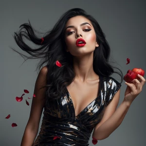 A stunningly beautiful black haired woman exuding allure, adorne...