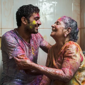 A muscular Indian man, glistening with sweat, joyously engages i...