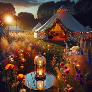 Glamping bell tents decorated for a party, on a field of wild fl...