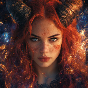Hyper-realistic portrait of a fierce female embodying Aries, wit...