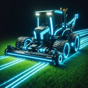 Bulldozer in the style of Tron mowing grass