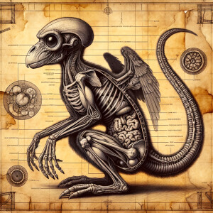 Extraterrestrial creature anatomical graphite illustration on bl...
