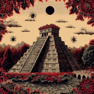 A pic of an ancient Aztec pyramid in black red and beige with li...