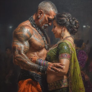 Hyperrealism oil painting.a muscular beefy tattoed gujarati swea...
