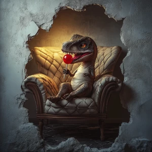 A cute, expressive young,  little dinosaur with a guilty expression, expressive eyes,  is sitting on a vintage oversized quilted reading chair. He has a red shiny lollipop in his hand and is licking it. His tongue shows as he is licking the lollipop. The scene is shown in dark lighting with the light accentuating the dinosaur. The scene is shown through a hole in the wall. The floor part of the scene is vintage dark cobble stones. The hole in the white plaster wall is realistic and surrounds the whole owith some cracks.