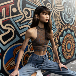 Very thin Athletic Thin skinny Attractive, Asian teenage girl, long brown hair and bangs, wearing tight skinny jeans and a halter top paint marks on her clothing, sitting side view heroic pose Asian graffiti