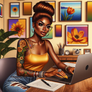 Airbrush a beautiful African American woman tan skin tone sittin...