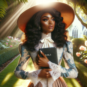 Render an airbrush oil painting of an African American woman with flawless makeup in a
contemplative pose, holding a Bible close to her heart, dressed in an elegant Sunday Best
outfit with a distinctive Church Hat. The background features a peaceful church garden,
with light filtering through the trees, highlighting her spiritual connection and the personal
moment of reflection. The artwork should capture the tranquility of the scene, the beauty
of her attire, and the depth of her contemplation, reflecting a serene and spiritually