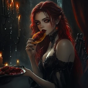 In a dimly lit, candle-filled chamber, a captivating female vamp...