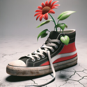 Create a 3D illustration featuring a red, black, and white Air J...