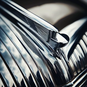 A detailed shot of a vintage car’s hood ornament, with the chrome surface showing faint fingerprints, and the surrounding environment clearly reflected in the metal.