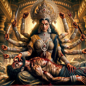 portrait of intense looking, four-armed indian goddess sitting...