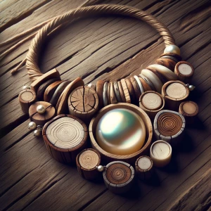 A rustic wooden necklace with a pearl