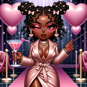 A chibi-style African-American woman with deep mocha skin, rocki...