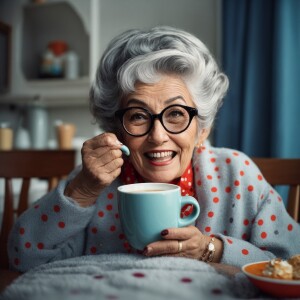 3d realistic image of a 60s grandma with tousled grey hair and b...