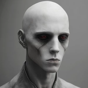 a pale, bald humanoid male with deep eye bags, hollow expression...