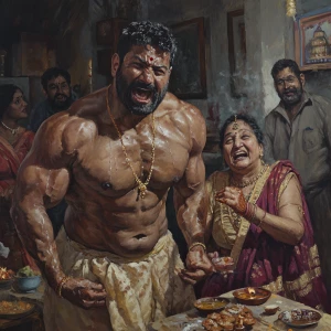 A realism-style painting depicting a muscular, sweat-glistened m...