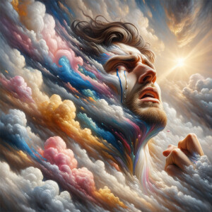 Create a 3-D realistic oil, painting brown 
Jesus Christ coming in the blue, gold, pink and white clouds with great power and glory up close, tears rolling down his face,