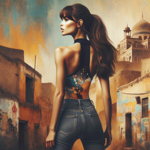 Athletic Thin skinny Attractive, Asian teenage girl, long brown hair and bangs, wearing tight skinny jeans and a halter top paint marks on her clothing, heroic pose Asian graffiti background, backside view