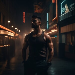 Describe the image of two muscular men standing confidently with...