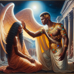Create an oil painting image featuring a male angel and a grievi...